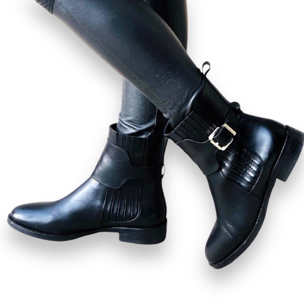 Stelle Monelle Black Leather Boots Size 38 7.5 Moto Chelsea Buckle Monk Strap